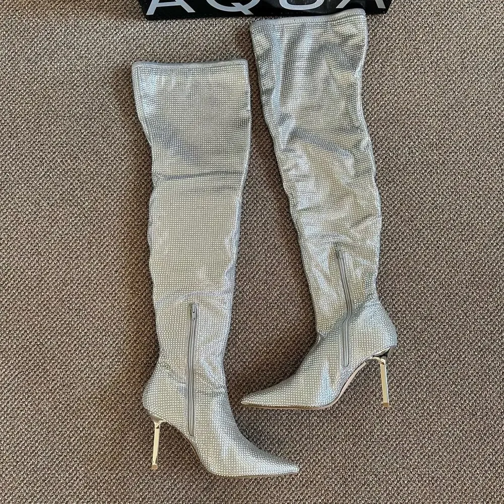 AQUA Nicki Pointed Toe High Heel Rhinestone Over The Knee Boots Size 9.5 $248‎